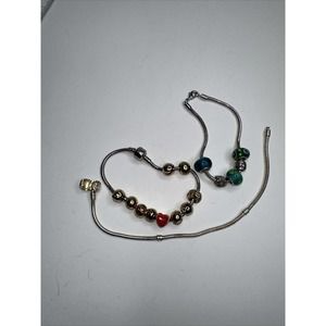 Snake Bracelet Slider Bead Set of 3 Green Heart Smiley Face Lot of 3 Silver tone